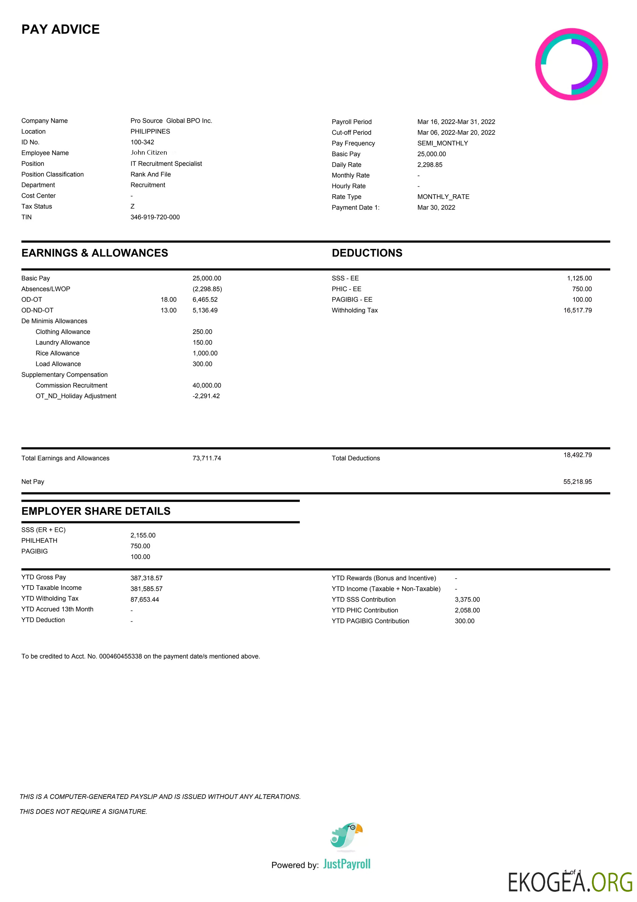 PHILIPPINES PRO Source Global BPO Inc. bulletin de paie au format Word et PDF